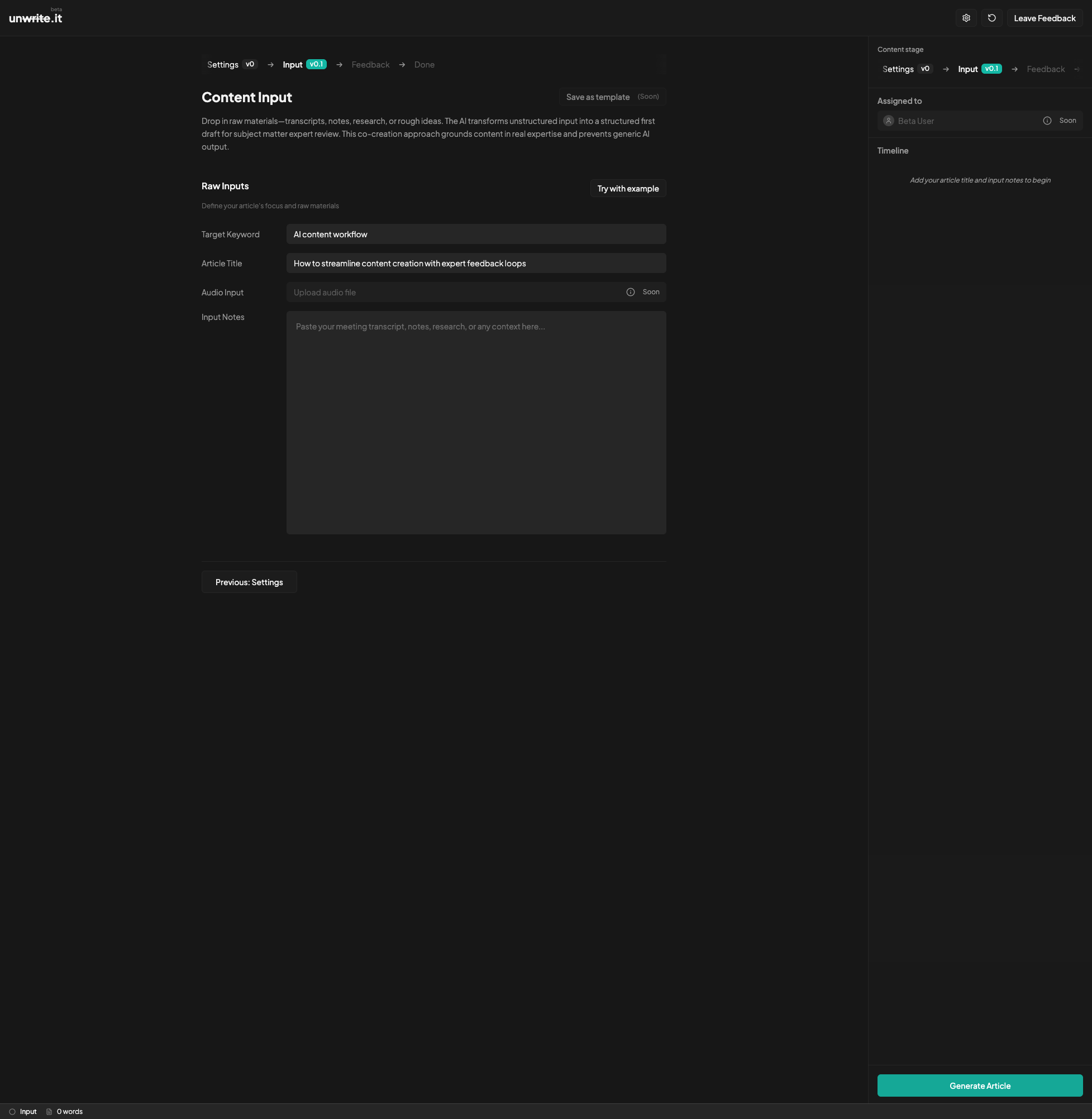 unwrite.it input fase - dump ruwe materiaal zoals meeting transcripts zonder op te schonen